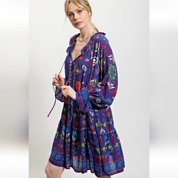 New! Easel Boho Flower Floral Blue Long Sleeve Dress - Picture 4 of 6